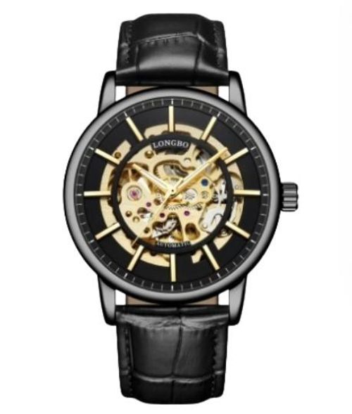 Accessories - Longbo Mens Automatic Hollow Mechanical Dial Analogue Gold Black Leather Strap Watch
