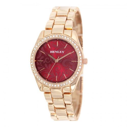 Accessories - Henley Ladies Bling Etched Patterned Red Dial & RoseGold Bracelet Watch H07326.40