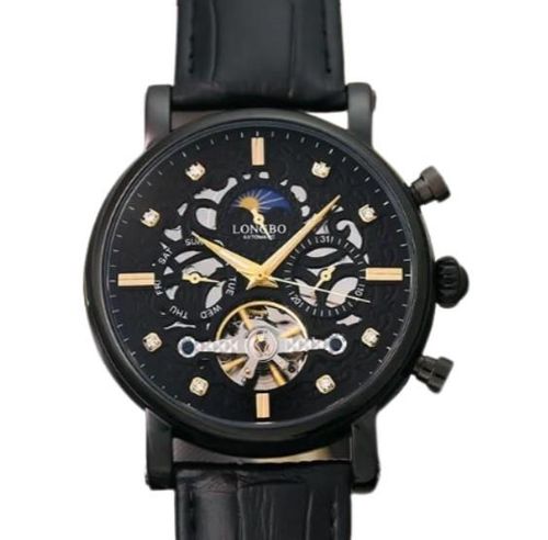 Accessories - Longbo Mens Automatic Hollow Mechanical Dial Analogue Gold Black/Black Leather Strap Watch