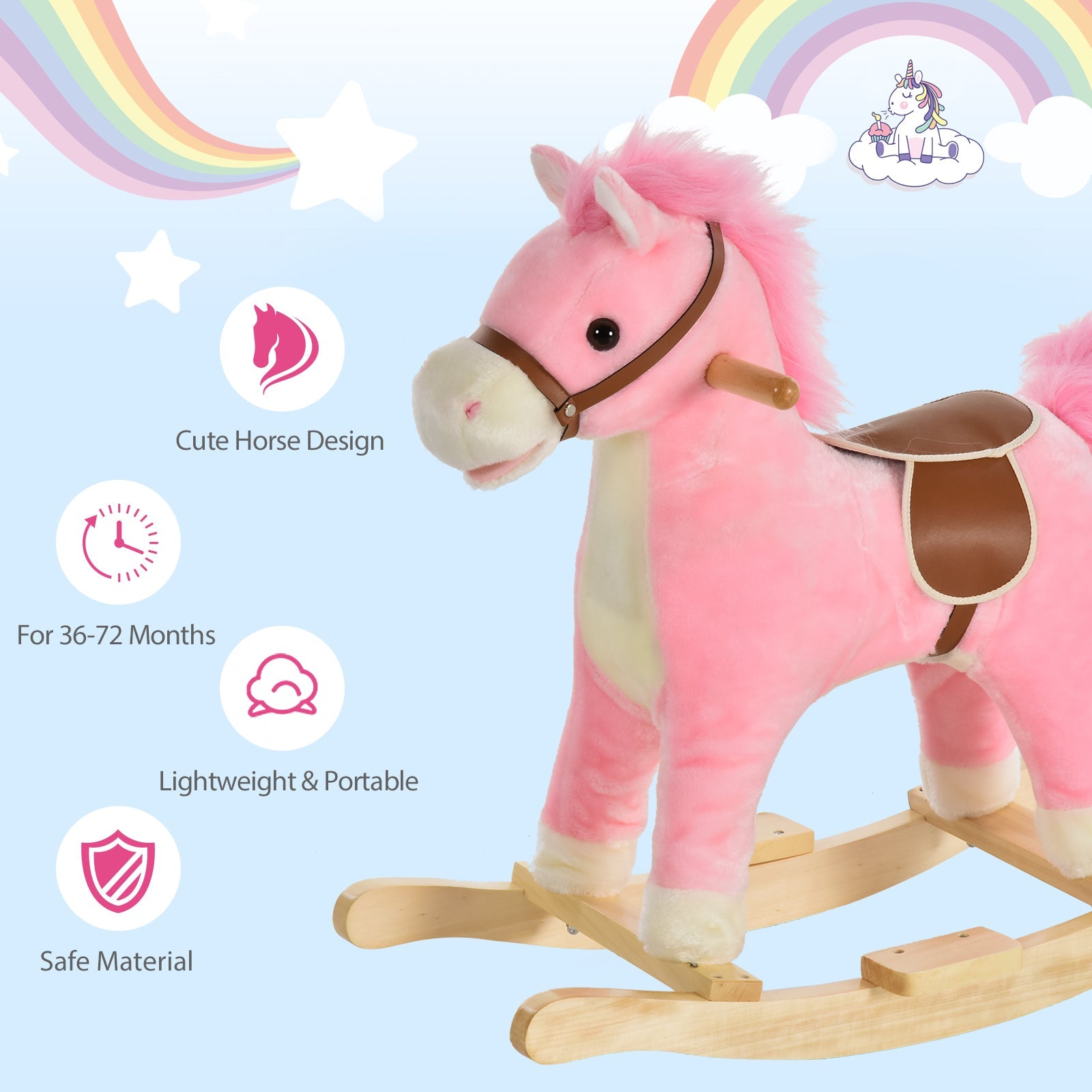 Kids Ride On Plush Rocking Horse w/ Sound Pink-4