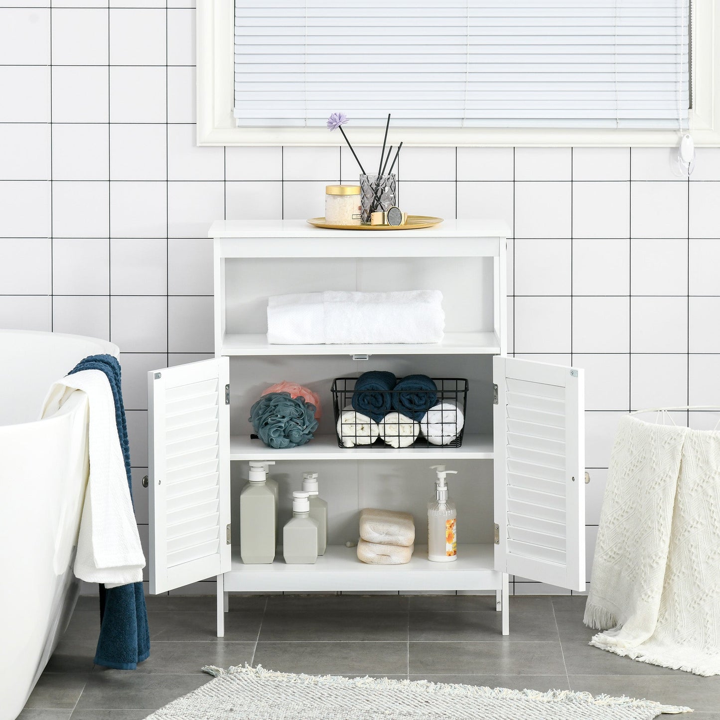 Freestanding Bathroom Storage Cabinet Organizer Cupboard with Double Shutter Doors Wooden Furniture White-3