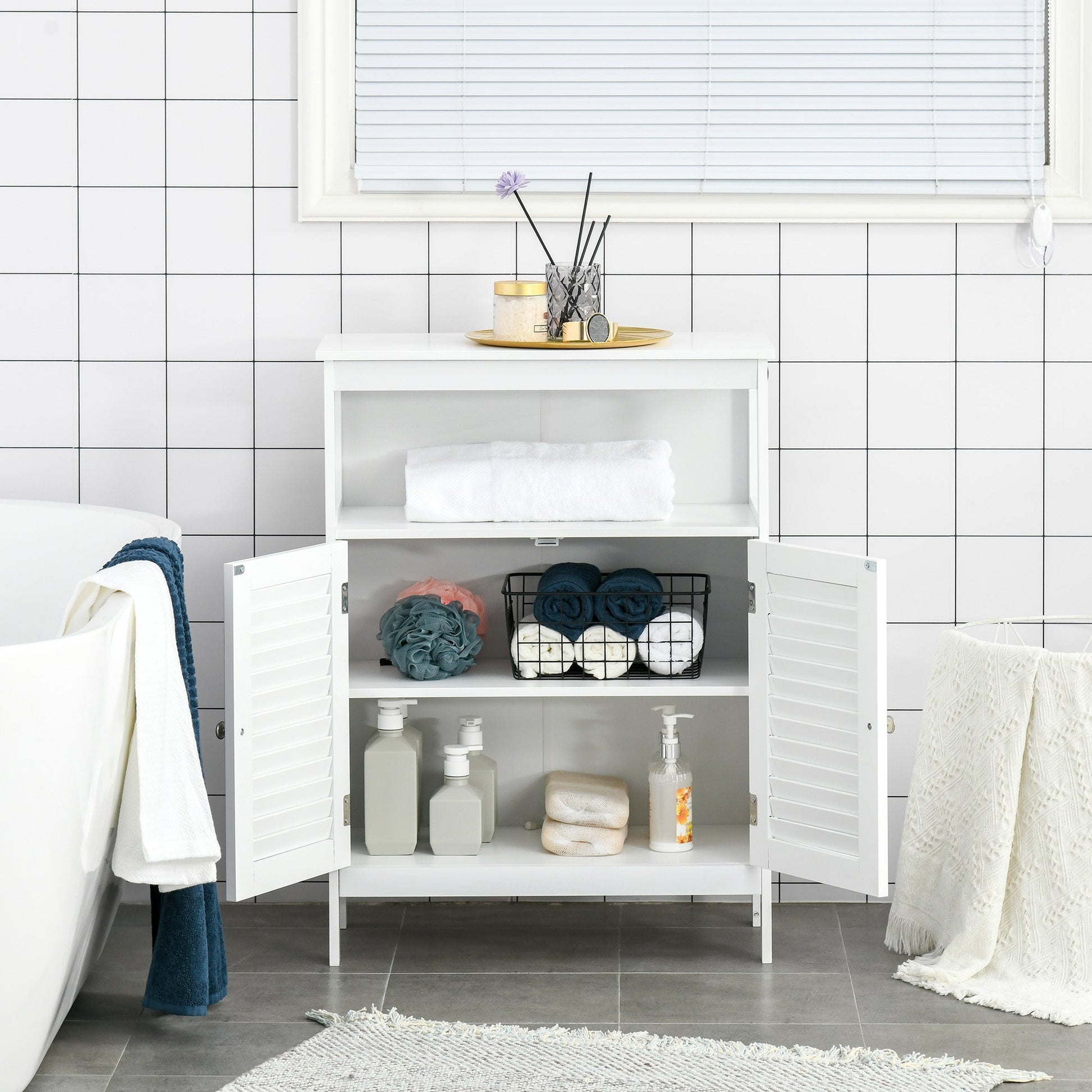 Freestanding Bathroom Storage Cabinet Organizer Cupboard with Double Shutter Doors Wooden Furniture White-3